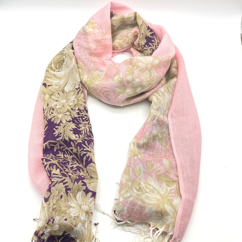 Pashmina Floral Scarf Purple Pink Tan Lightweight Tassel Fringe Shawl Wrap